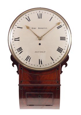 Lot 880 - ROBERT ROSKELL, LONDON  A REGENCY MAHOGANY AND BRASS INLAID DROP DIAL WALL CLOCK