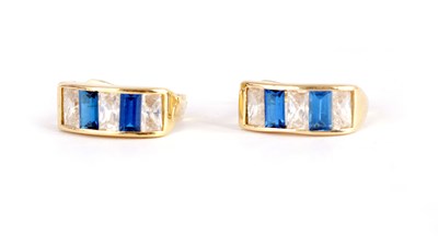 Lot 249 - A PAIR OF LADIES 9CT GOLD DIAMOND AND SAPPHIRE EARRINGS