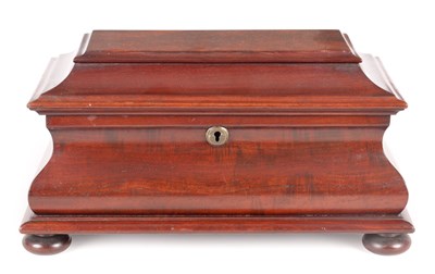 Lot 683 - A FLAMED MAHOGANY SARCOPHAGUS SHAPED DOUBLE TEACADDY