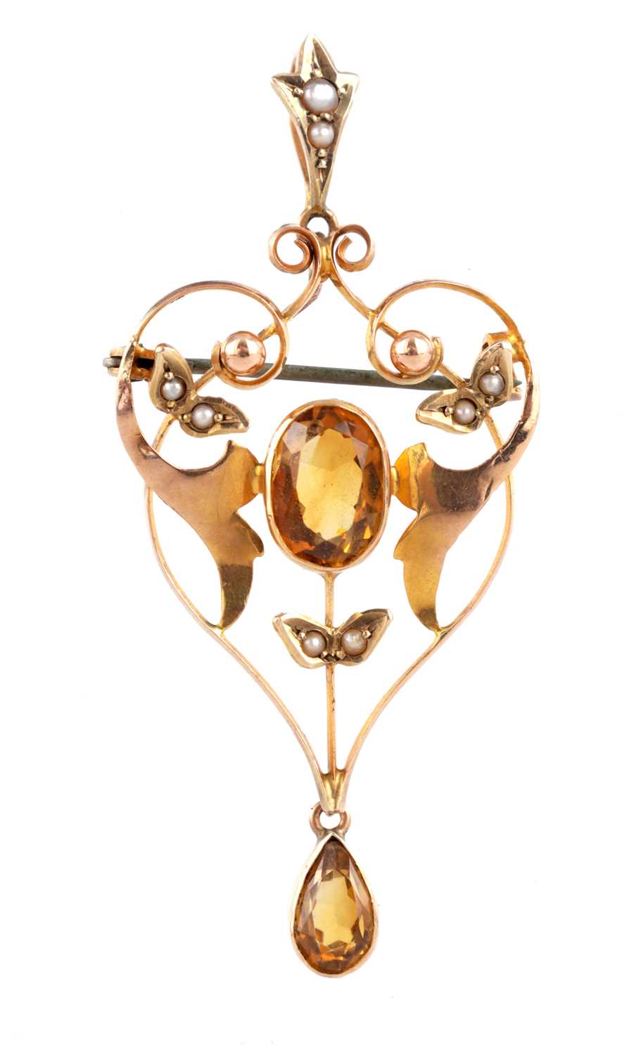 Lot 252 - A LADIES ART NOUVEAU 9CT GOLD CITRINE AND PEARL PENDANT