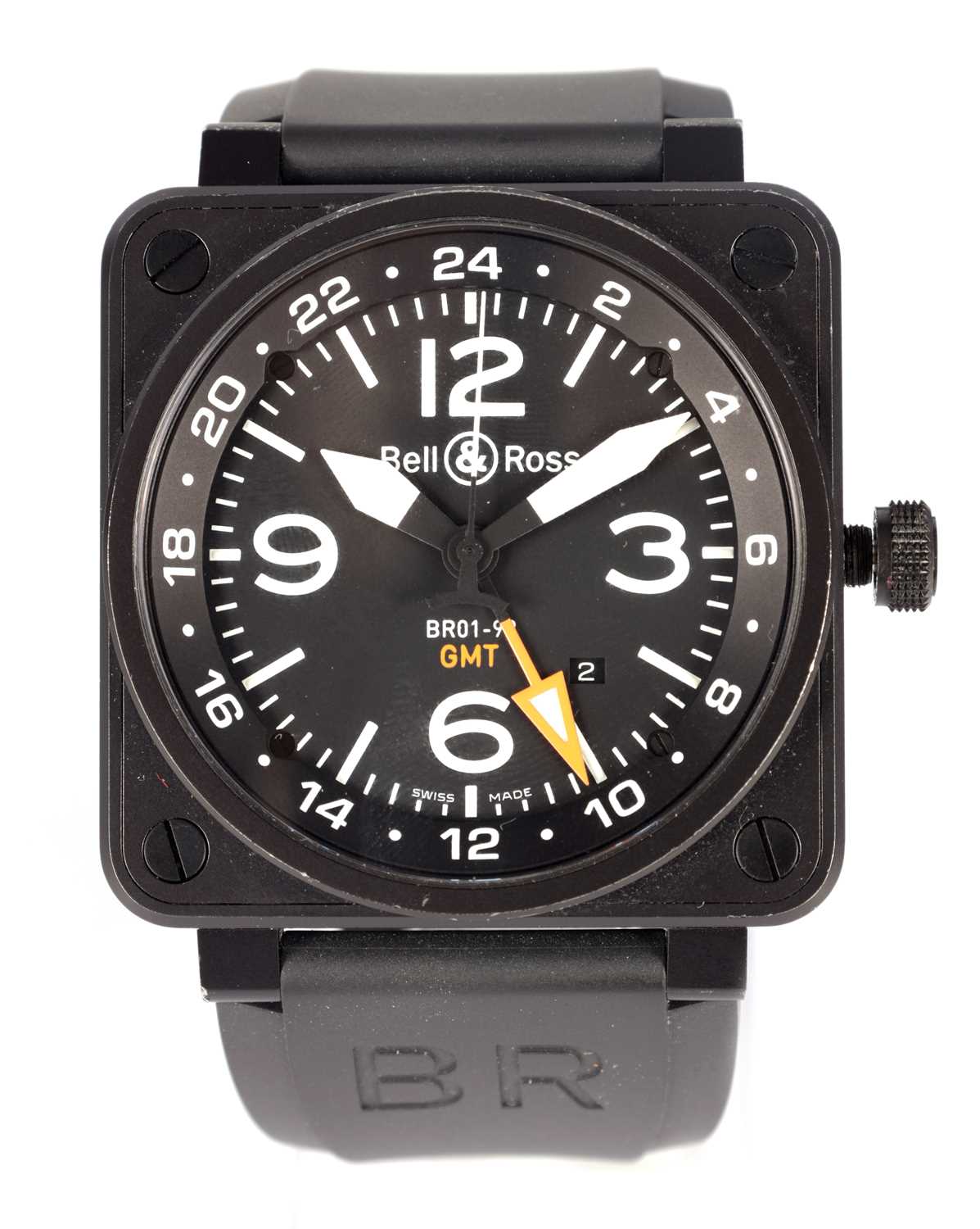 Lot 261 - A GENTLEMAN'S BELL & ROSS BLACK PVD COATED STAINLESS STEEL DUAL TIME AUTOMATIC GMT CALENDAR WRISTWATCH