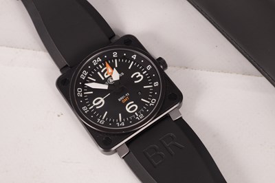 Lot 261 - A GENTLEMAN'S BELL & ROSS BLACK PVD COATED STAINLESS STEEL DUAL TIME AUTOMATIC GMT CALENDAR WRISTWATCH