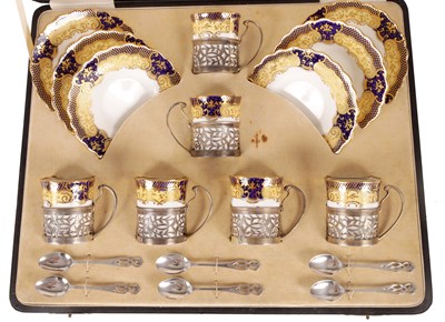 Lot 50 - AN EARLY 20TH CENTURY AYNSLEY SILVER MOUNTED CASED COFFEE SET