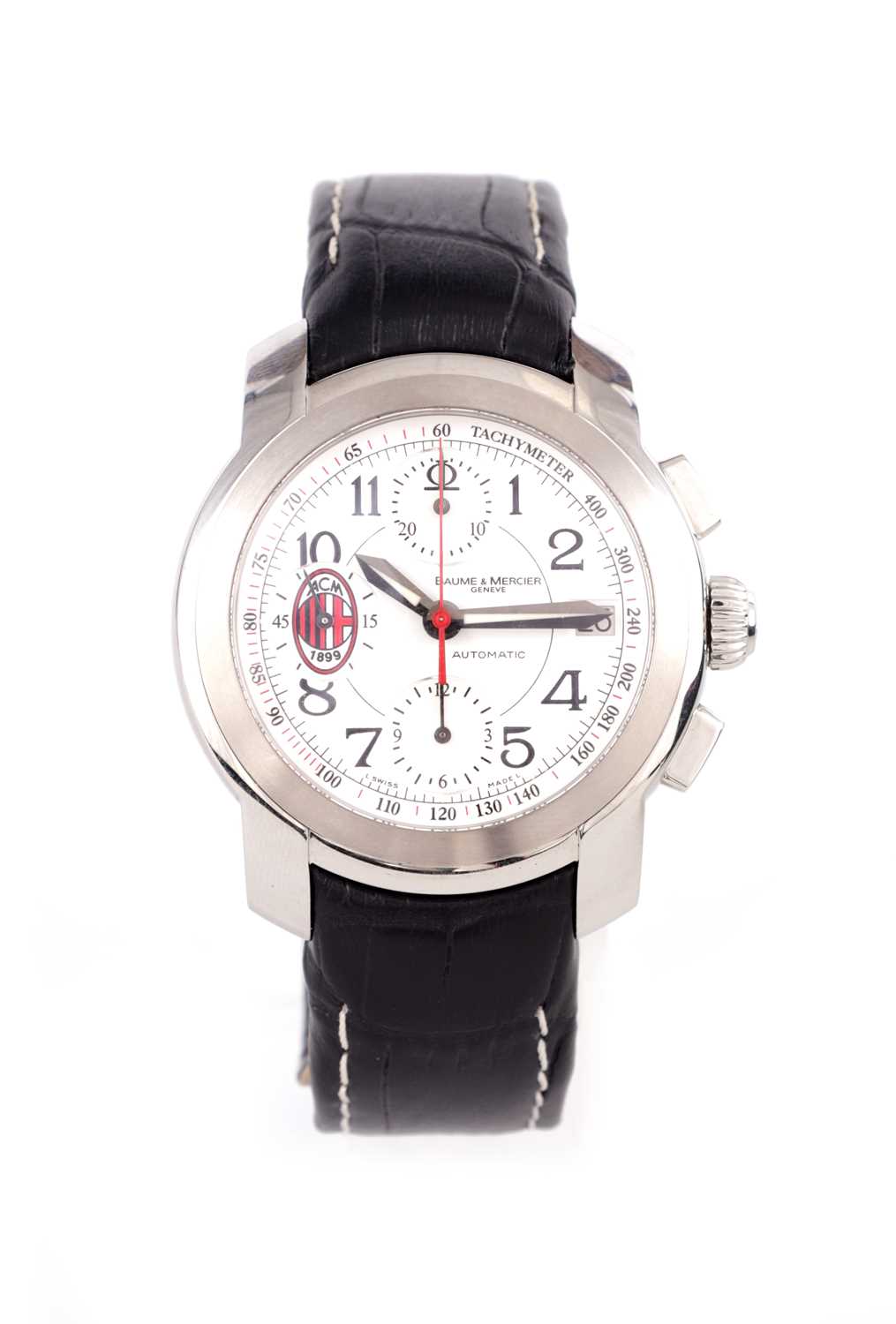 Lot 262 - A BAUME & MERCIER. A LIMITED EDITION 14/50 AC MILAN STAINLESS STEEL AUTOMATIC CALENDAR CHRONOGRAPH WRISTWATCH