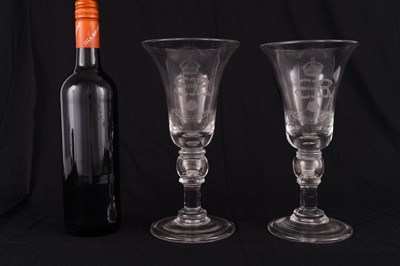 Lot 8 - A PAIR OF EDWARD VIII COMMEMORATIVE WINE GLASSES OF LARGE SIZE
