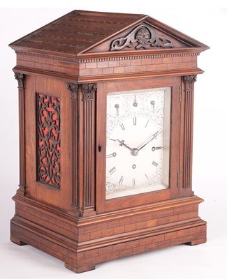 Lot 909 - A SMALL ENGLISH LATE 19TH CENTURY ROSEWOOD TRIPLE FUSEE EIGHT BELL QUARTER CHIMING BRACKET CLOCK