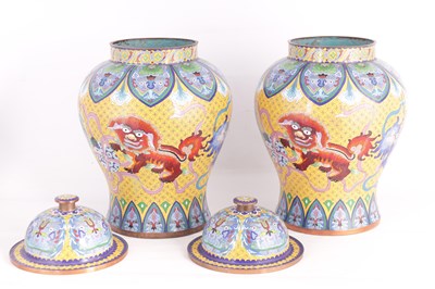 Lot 212 - AN IMPRESSIVE PAIR OF EARLY 20TH CENTURY CHINESE CLOISONNE JARS AND COVERS