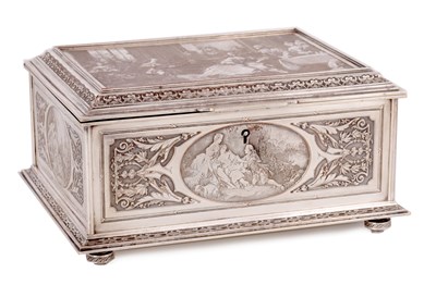 Lot 501 - A 19TH CENTURY SILVERED COPPER FRENCH JEWELLERY BOX ENGRAVED BY B. WICKERS