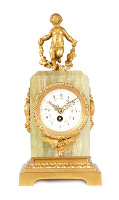 Lot 851 - A LATE 19TH CENTURY FRENCH GREEN ONYX AND ORMOLU SMALL MANTEL CLOCK