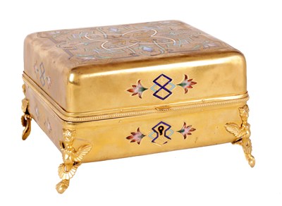 Lot 481 - A 19TH CENTURY ORMOLU AND CHAMPLEVE ENAMEL JEWELLERY BOX