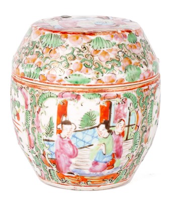 Lot 221 - A CHINESE FAMILLE ROSE BARREL SHAPED JAR AND COVER