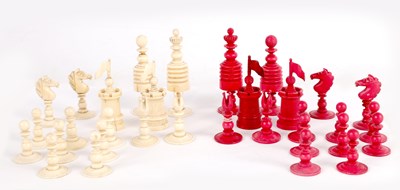 Lot 488 - A 19TH CENTURY STAINED BONE CHESS SET