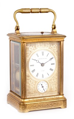 Lot 775 - BOURDIN HENRI DU ROI, A PARIS  A GILT FULLY ENGRAVED CORNICHE CASED REPEATING CARRIAGE CLOCK