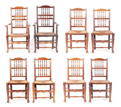 Lot 975 - A SET OF EIGHT EARLY 19TH CENTURY ASH AND ELM SPINDLE BACK DINING CHAIRS