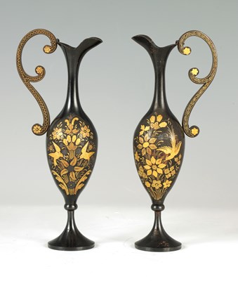 Lot 484 - A PAIR OF LATE 19TH CENTURY ALHAMBRA STYLE  MINIATURE GOLD INLAID EWERS