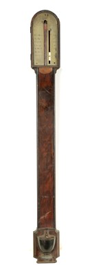 Lot 935 - RAMSDEN, LONDON  A GEORGE III FIGURED MAHOGANY FLAT TO THE WALL STICK BAROMETER