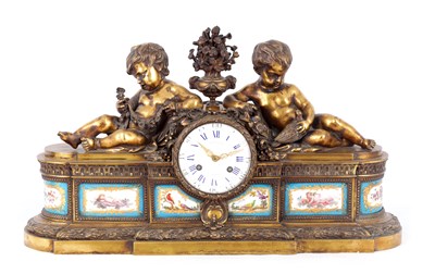 Lot 955 - A LATE 19TH CENTURY FRENCH FIGURAL ORMOLU AND PORCELAIN PANELLED MANTEL CLOCK