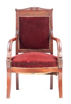 Lot 1098 - AN EARLY 19TH CENTURY FRENCH MAHOGANY EMPIRE STYLE LIBRARY CHAIR