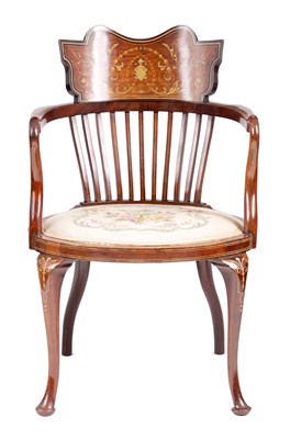 Lot 1146 - A STYLISH LATE 19TH CENTURY ART NOUVEAU BONE STRUNG MAHOGANY OPEN ARMCHAIR