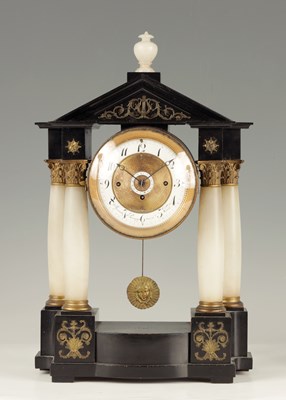 Lot 828 - A 19TH CENTURY AUSTRIAN THREE-TRAIN EBONISED AND WHITE MARBLE PORTICO CLOCK