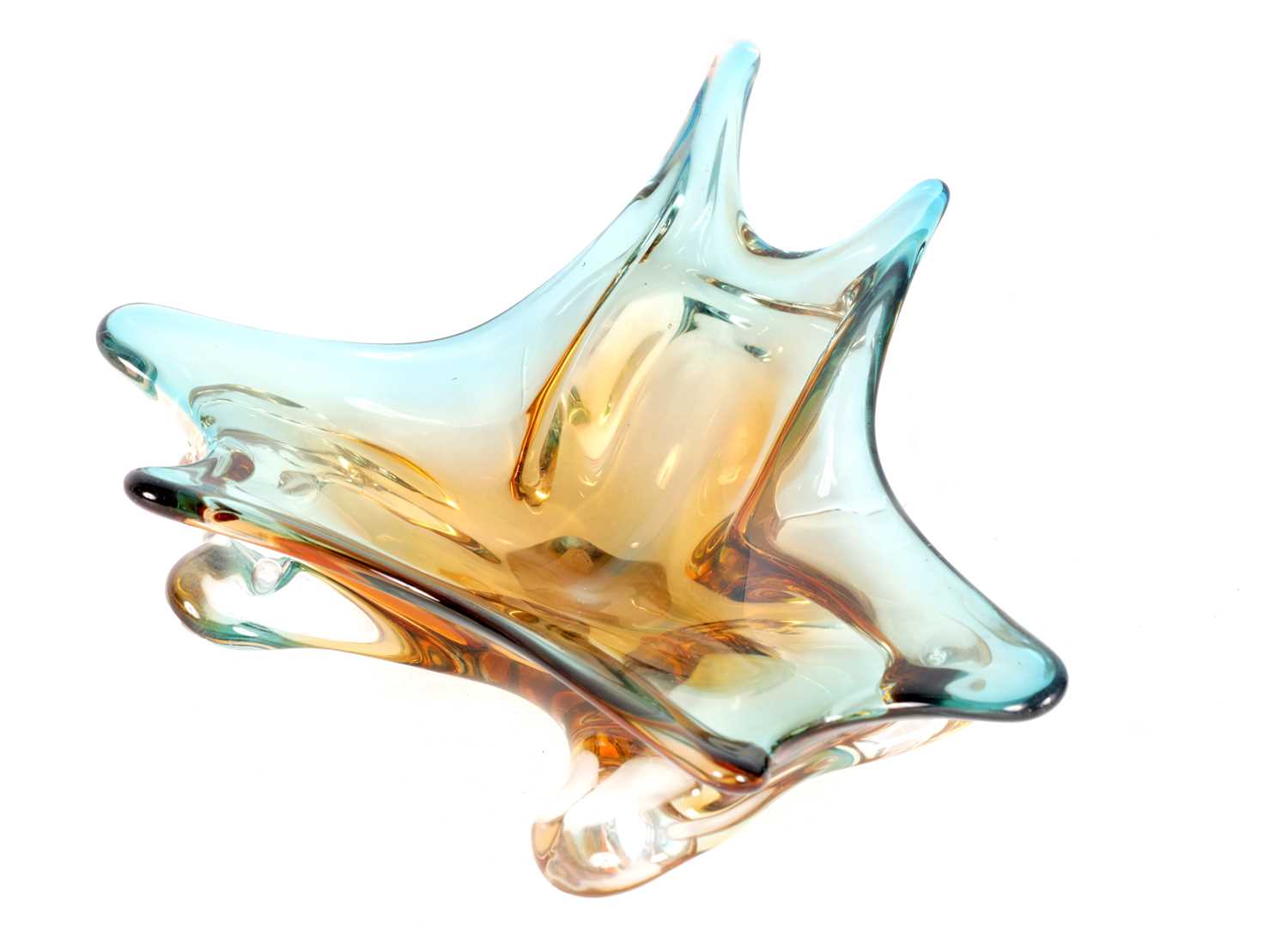 Lot 1 - A 1960S AMBER AND PALE BLUE SHADED CLEAR SHALLOW GLASS DISH