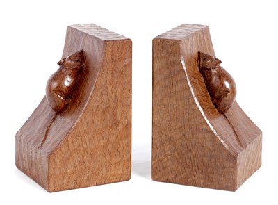 Lot 690 - A GOOD PAIR OF ROBERT 'MOUSEMAN' THOMPSON AZED DARK OAK BOOKENDS