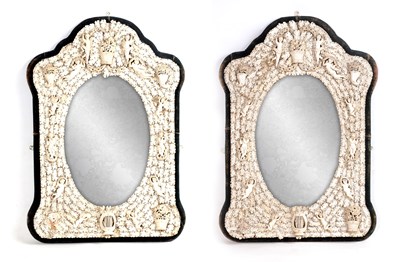 Lot 468 - A FINE PAIR OF 19TH CENTURY DIEPPE, FRANCE CARVED BONE WORK OVAL HANGING MIRRORS