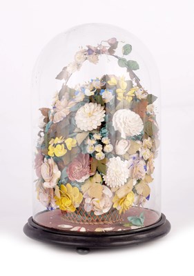 Lot 435 - A 19TH CENTURY DOME SHAPED GLASS DOME WITH SHELL FLOWER DISPLAY