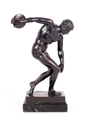 Lot 593 - A LATE 19TH/EARLY 20TH CENTURY BRONZE SCULPTURE MYRON "DISCUS THROWER"