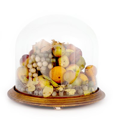 Lot 436 - A 19TH CENTURY DOME SHAPED GLASS DOME DECORATED WITH PORCELAIN FRUITS