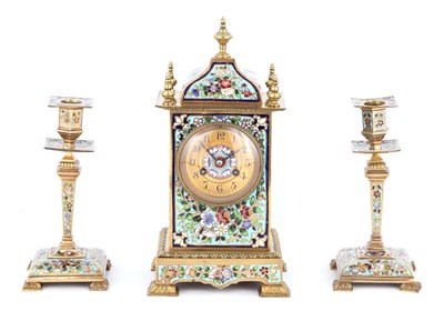 Lot 829 - A GOOD LATE 19TH CENTURY FRENCH CAST BRASS AND CHAMPLEVE ENAMEL THREE PIECE MANTEL CLOCK GARNITURE SET