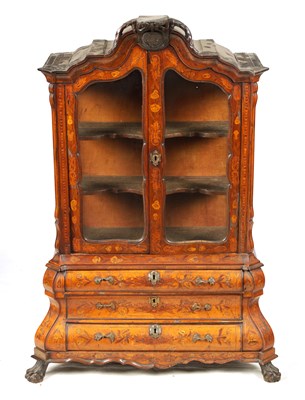 Lot 1069 - A MINIATURE 18TH CENTURY WALNUT AND DUTCH MARQUETRY CABINET ON CHEST