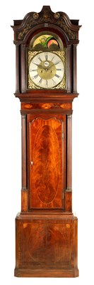 Lot 853 - HENRY WATSON, BLACKBURN  A GEORGE III INLAID MAHOGANY 8-DAY MOON ROLLER LONGCASE CLOCK