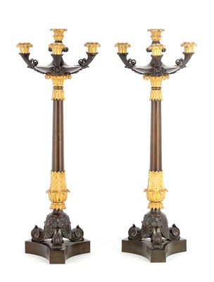 Lot 592 - A PAIR OF REGENCY BRONZE AND ORMOLU CANDELABRA