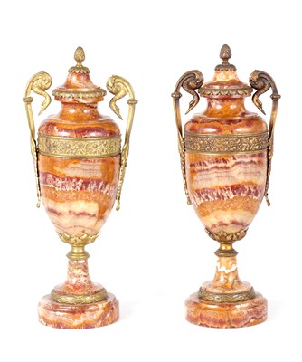 Lot 512 - A PAIR OF 19TH CENTURY ORMOLU MOUNTED FRENCH AGATE URN SHAPED CASSOLETTES