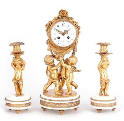 Lot 898 - A LATE 19TH CENTURY FRENCH GILT METAL FIGURAL CLOCK GARNITURE