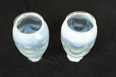 Lot 18 - A PAIR OF EARLY 20TH CENTURY VASELINE GLASS HANGING SHADES