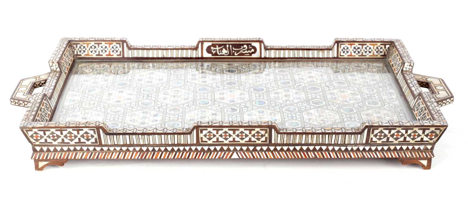 Lot 69 - A 19TH CENTURY EASTERN MOTHER OF PEARL, IVORY AND HARDWOOD INLAID TRAY