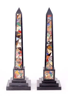 Lot 491 - A PAIR OF 20TH CENTURY BLACK SLATE AND PIETRA DURA INLAID OBELISKS