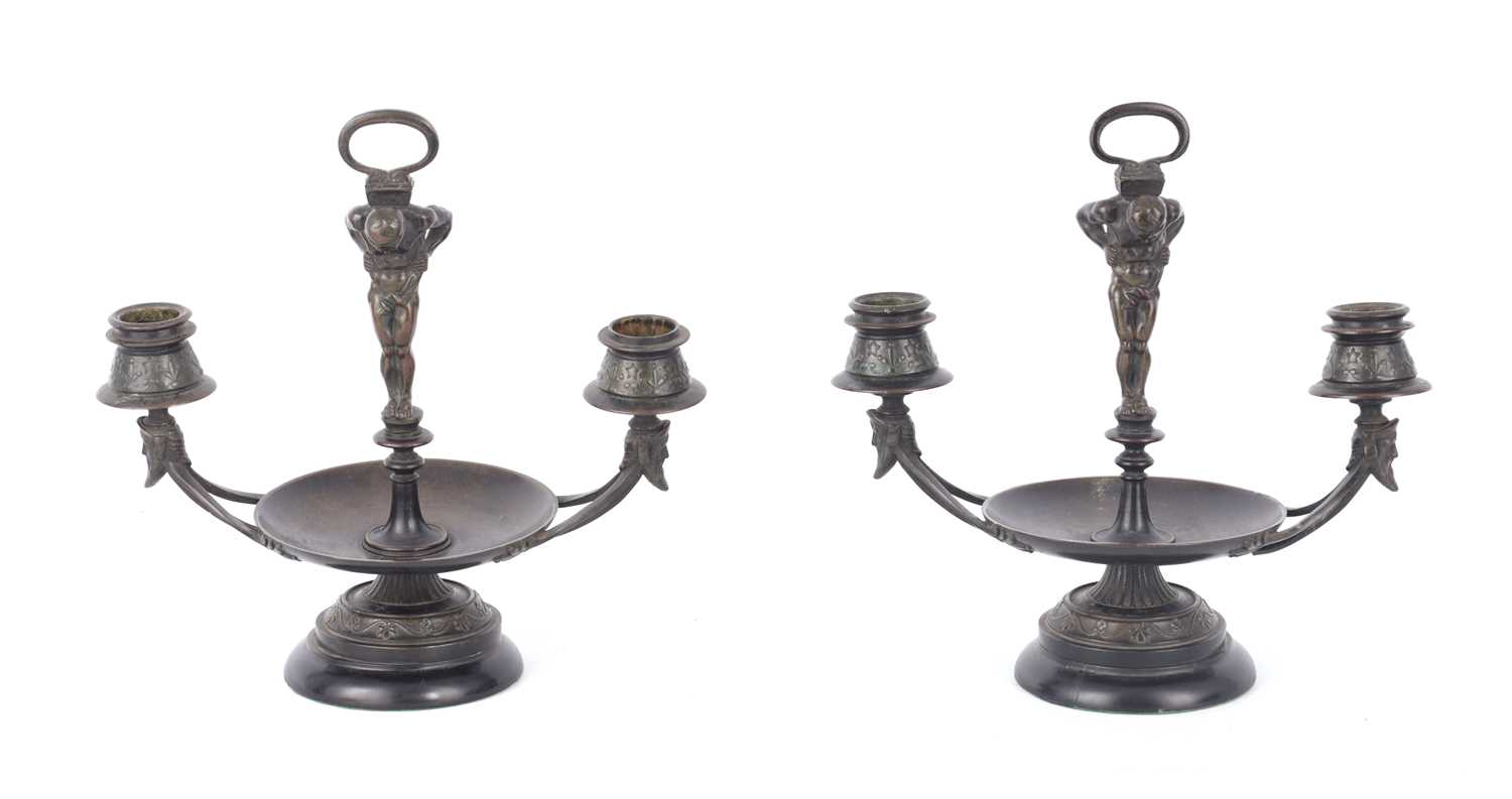 Lot 586 - A PAIR OF LATE 19TH CENTURY BRONZE AESTHETIC PERIOD FIGURAL DOUBLE BRANCH CANDLESTICKS