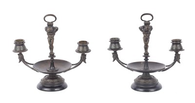 Lot 586 - A PAIR OF LATE 19TH CENTURY BRONZE AESTHETIC PERIOD FIGURAL DOUBLE BRANCH CANDLESTICKS