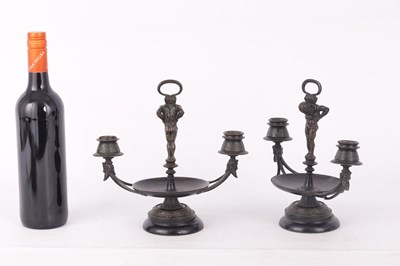 Lot 586 - A PAIR OF LATE 19TH CENTURY BRONZE AESTHETIC PERIOD FIGURAL DOUBLE BRANCH CANDLESTICKS