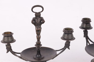 Lot 586 - A PAIR OF LATE 19TH CENTURY BRONZE AESTHETIC PERIOD FIGURAL DOUBLE BRANCH CANDLESTICKS