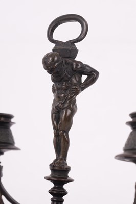 Lot 586 - A PAIR OF LATE 19TH CENTURY BRONZE AESTHETIC PERIOD FIGURAL DOUBLE BRANCH CANDLESTICKS