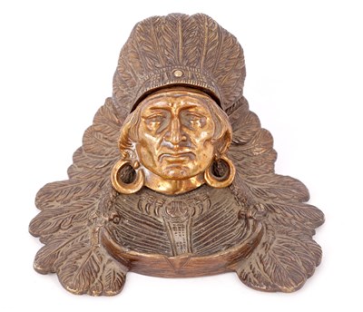 Lot 605 - AFTER REMMINGTON, A LATE 19TH CENTURY GILT BRONZE INKWELL FORMED AS A INDIAN CHEIF