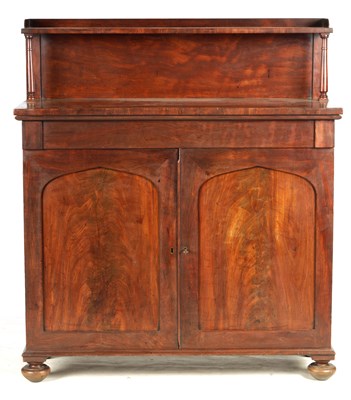 Lot 1120 - A LATE REGENCY FLAME MAHOGANY SIDE CABINET/CHIFFONIER