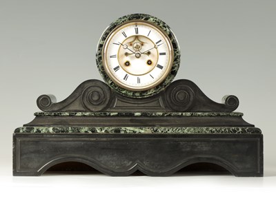 Lot 841 - A LATE 19TH CENTURY FRENCH BLACK SLATE AND VERDE ANTICO MARBLE MANTEL CLOCK