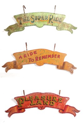 Lot 587 - A GOOD SET OF THREE 1930'S TIN FAIRGROUND RIDE SIGNS