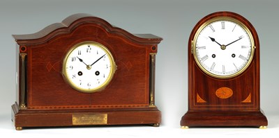 Lot 819 - TWO EARLY 20TH CENTURY MAHOGANY AND BOXWOOD INLAID MANTEL CLOCKS