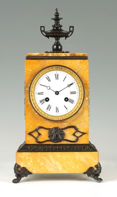 Lot 922 - AN EARLY 19TH CENTURY FRENCH SIENNA MARBLE BRONZE MOUNTED MANTEL CLOCK